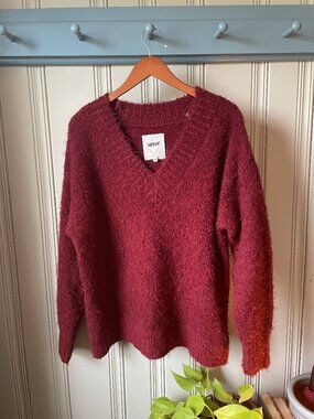 Aerie Soft Fuzzy V-Neck Sweater Burgundy Women’s Small Cozy Knit